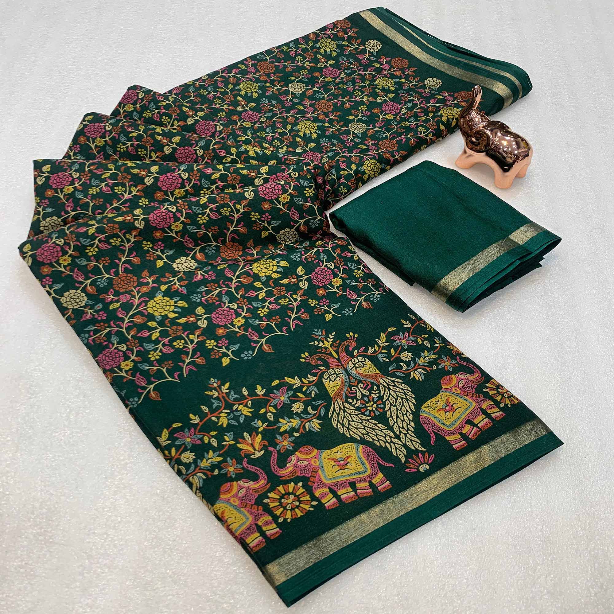 Green Floral Printed Tussar Silk Blend Saree Accentuated With Rich Zari Border Work