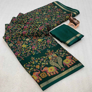 Green Floral Printed Tussar Silk Blend Saree Accentuated With Rich Zari Border Work