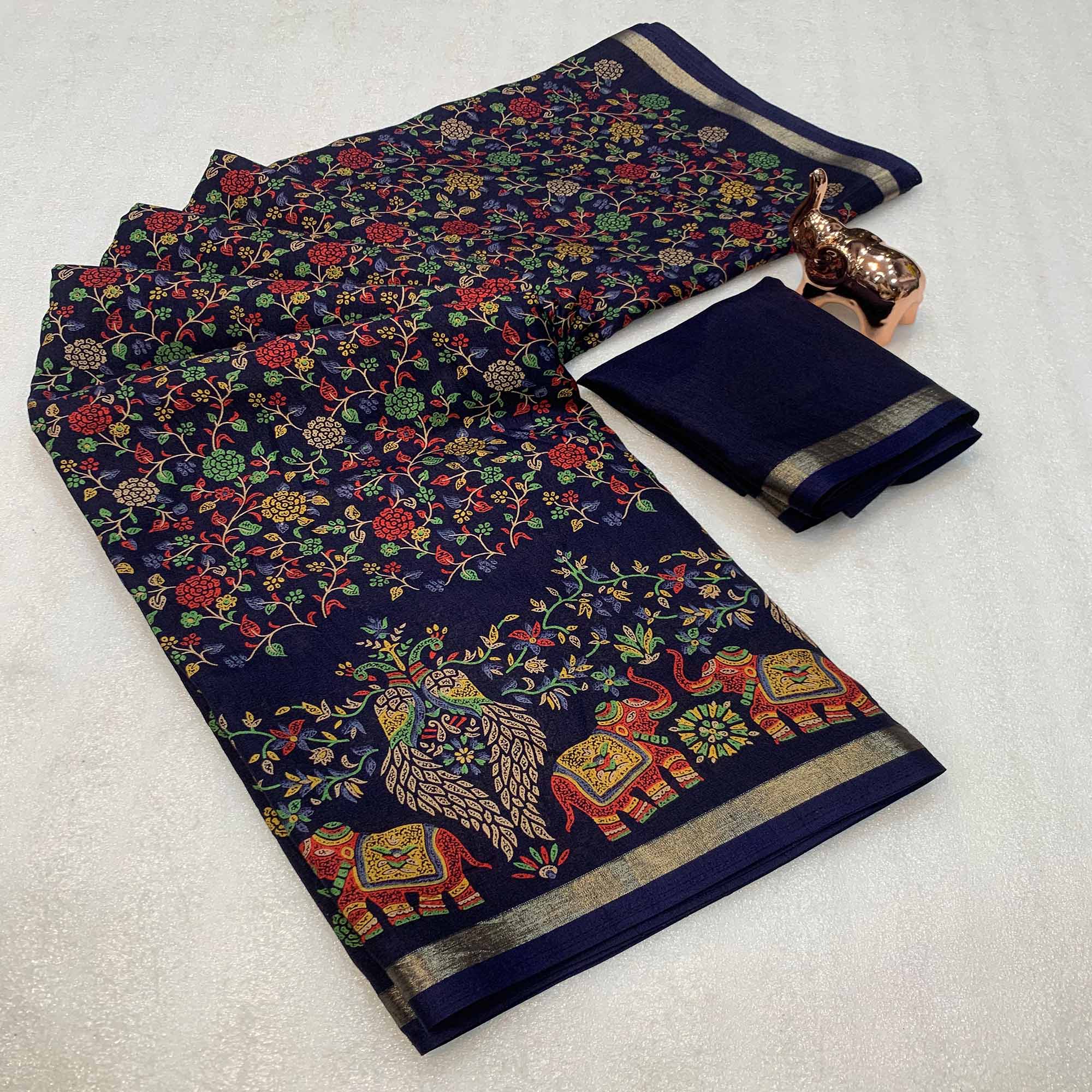 Navy Blue Floral Printed Tussar Silk Blend Saree Accentuated With Rich Zari Border Work