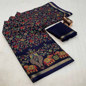 Navy Blue Floral Printed Tussar Silk Blend Saree Accentuated With Rich Zari Border Work