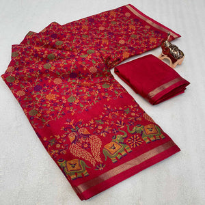 Pink Floral Printed Tussar Silk Blend Saree Accentuated With Rich Zari Border Work