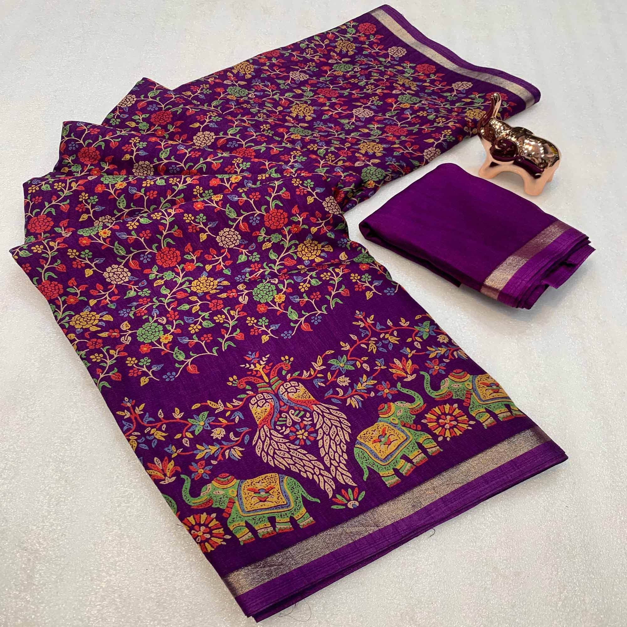 Purple Floral Printed Tussar Silk Blend Saree Accentuated With Rich Zari Border Work