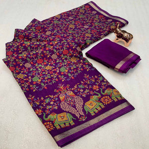 Purple Floral Printed Tussar Silk Blend Saree Accentuated With Rich Zari Border Work