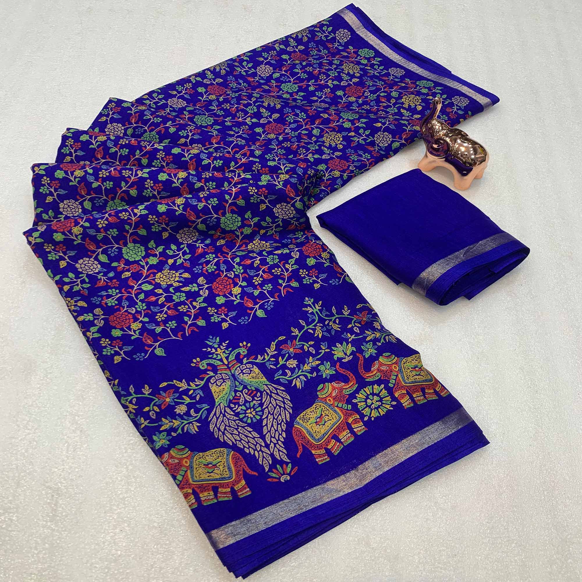 Royal Blue Floral Printed Tussar Silk Blend Saree Accentuated With Rich Zari Border Work