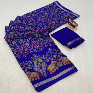 Royal Blue Floral Printed Tussar Silk Blend Saree Accentuated With Rich Zari Border Work