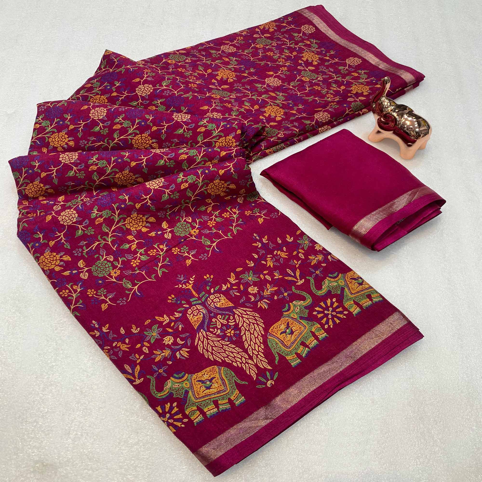 Wine Floral Printed Tussar Silk Blend Saree Accentuated With Rich Zari Border Work