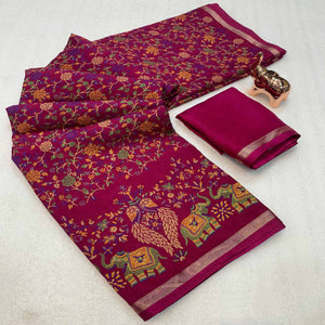 Wine Floral Printed Tussar Silk Blend Saree Accentuated With Rich Zari Border Work