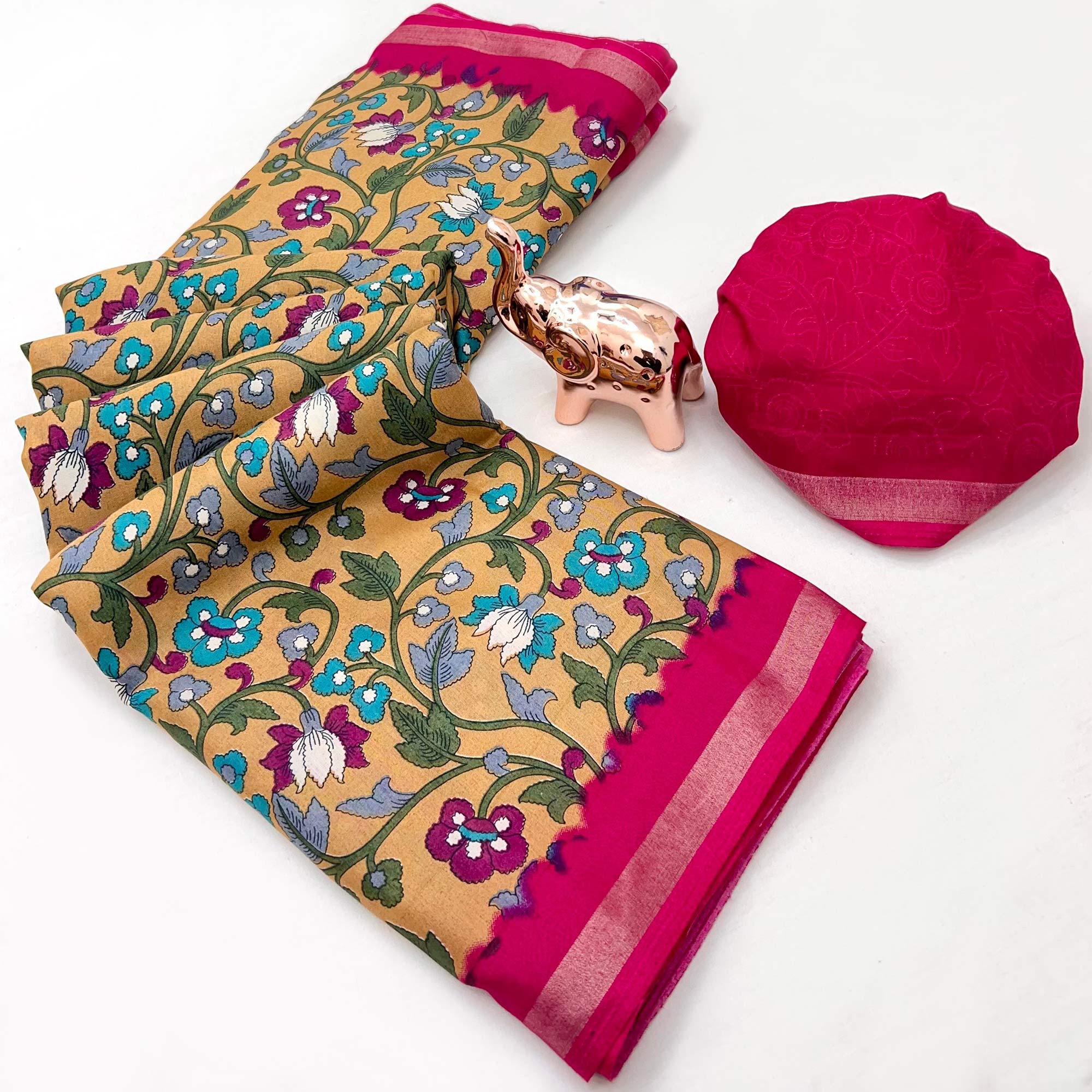 Mustard Floral Printed Tussar Silk Blend Saree Enhanced With Intricate Zari Border Work