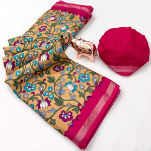 Mustard Floral Printed Tussar Silk Blend Saree Enhanced With Intricate Zari Border Work