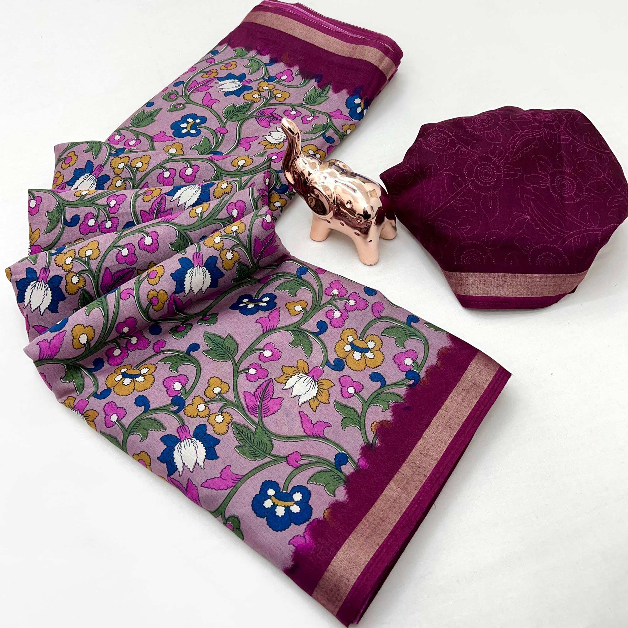 Pink Floral Printed Tussar Silk Blend Saree Enhanced With Intricate Zari Border Work