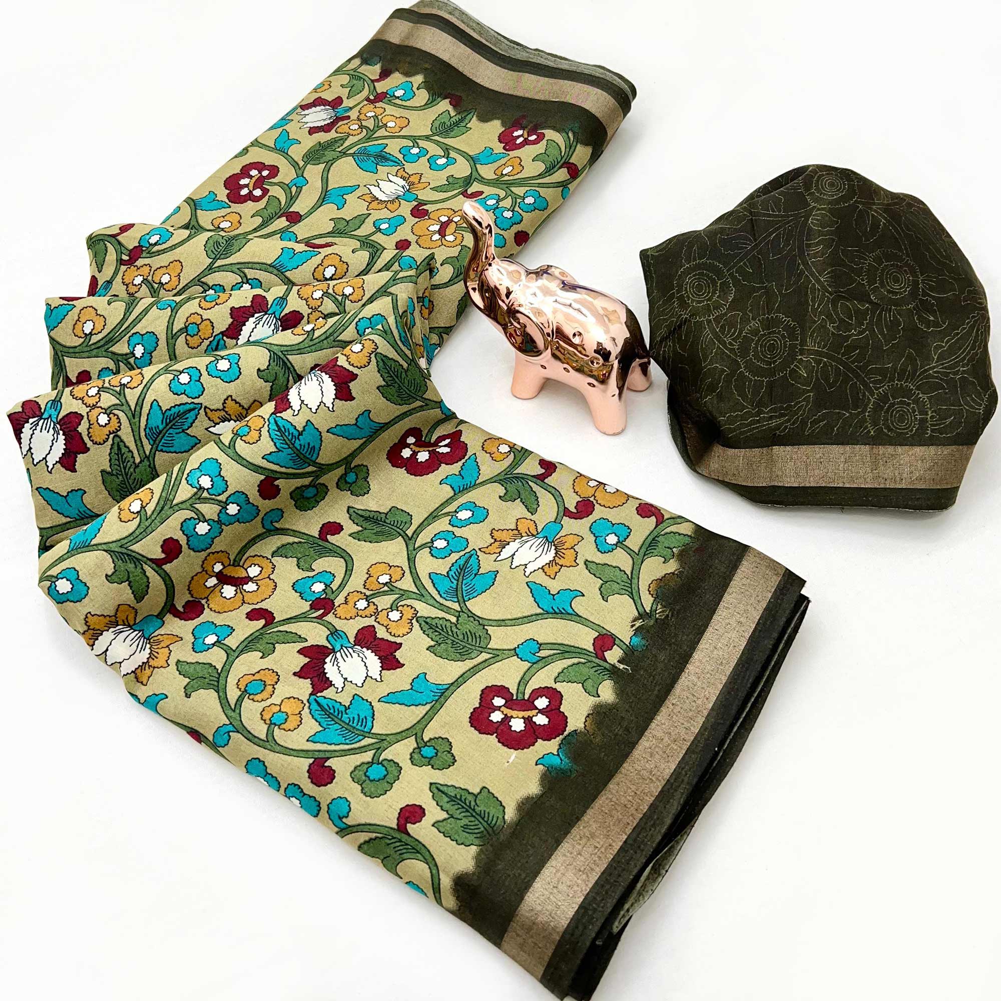 Pista Green Floral Printed Tussar Silk Blend Saree Enhanced With Intricate Zari Border Work