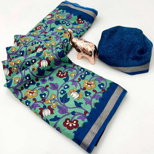 Sea Green Floral Printed Tussar Silk Blend Saree Enhanced With Intricate Zari Border Work