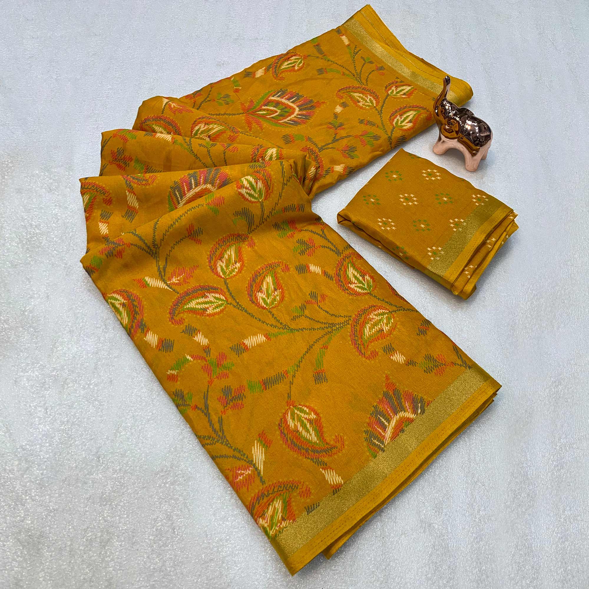 Mustard Maheshwari Silk Blend Saree Adorned With Elegant Floral Print & Two Tone Finish
