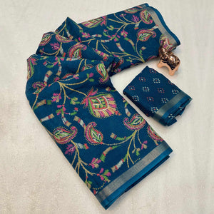 Teal Blue Maheshwari Silk Blend Saree Adorned With Elegant Floral Print & Two Tone Finish