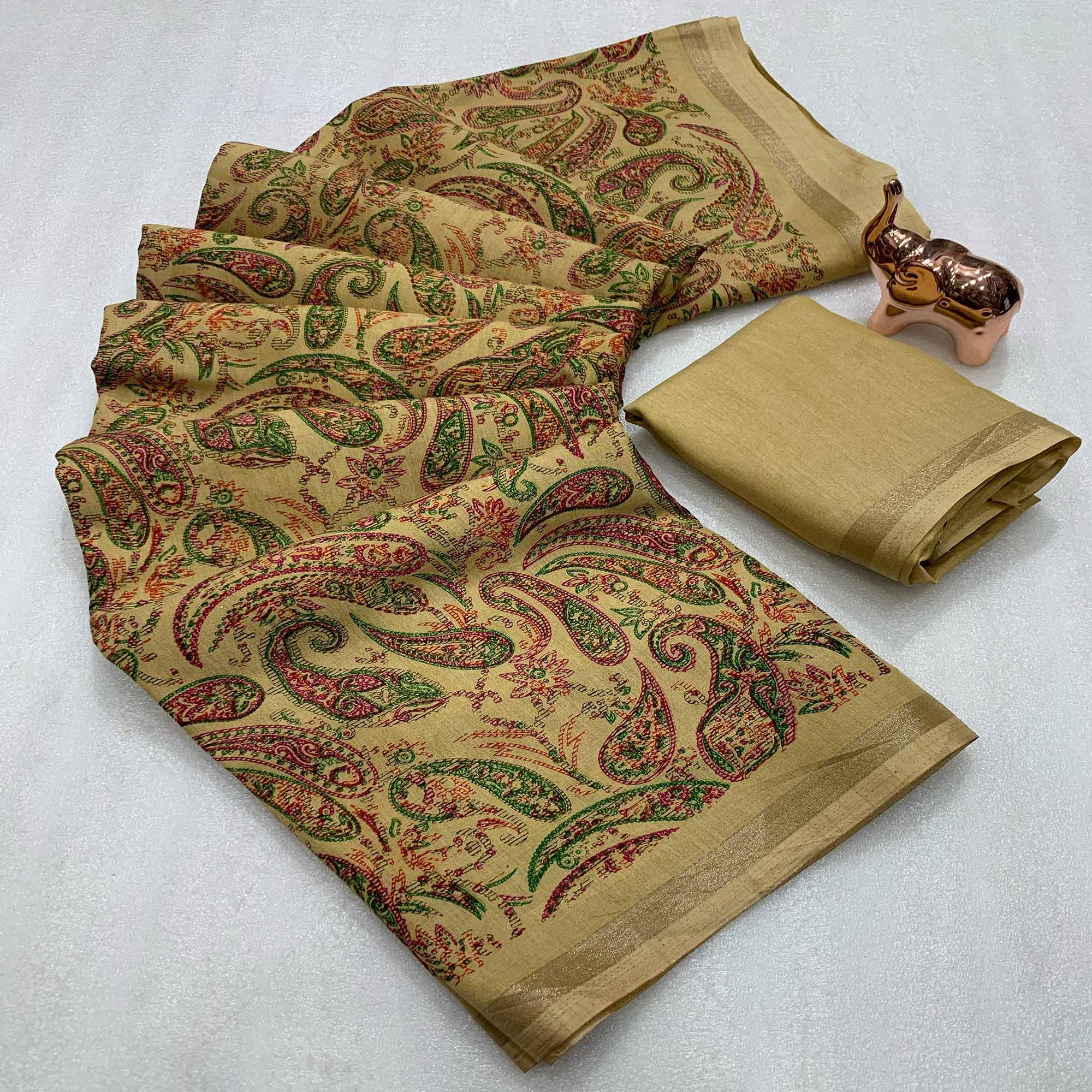 Beige Cotton Blend Saree with Ethnic Kashmiri-Inspired Paisley Design