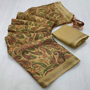 Beige Cotton Blend Saree with Ethnic Kashmiri-Inspired Paisley Design