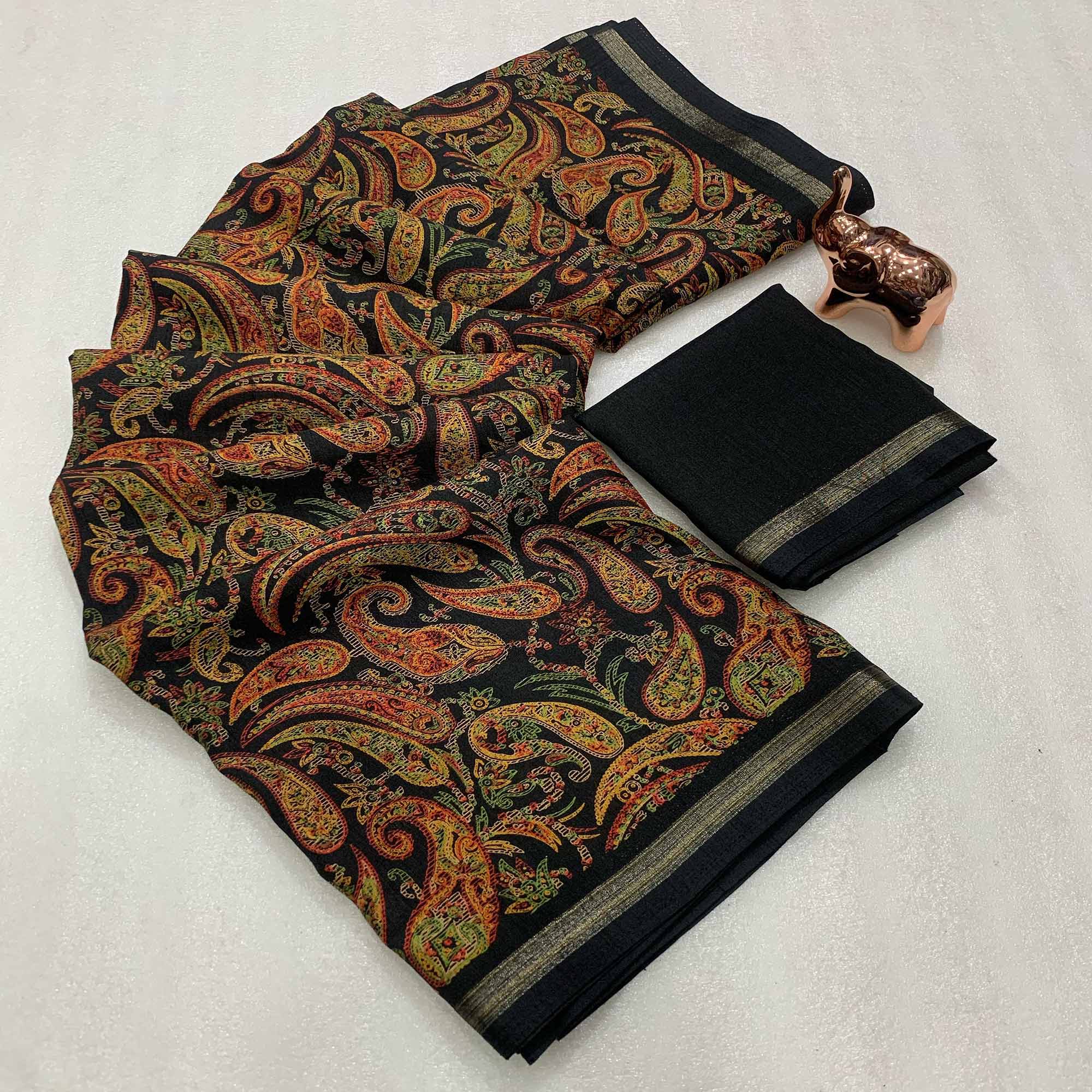 Black Cotton Blend Saree with Ethnic Kashmiri-Inspired Paisley Design