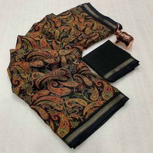 Black Cotton Blend Saree with Ethnic Kashmiri-Inspired Paisley Design