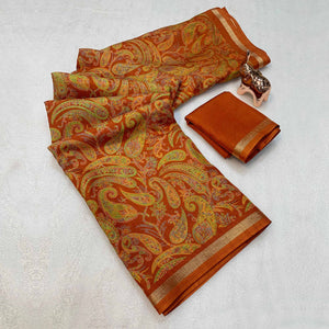 Brown Cotton Blend Saree with Ethnic Kashmiri-Inspired Paisley Design