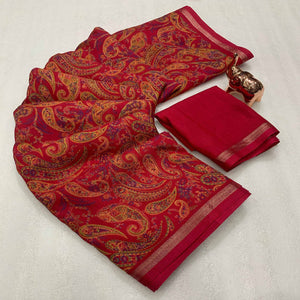 Crimson Red Cotton Blend Saree with Ethnic Kashmiri-Inspired Paisley Design