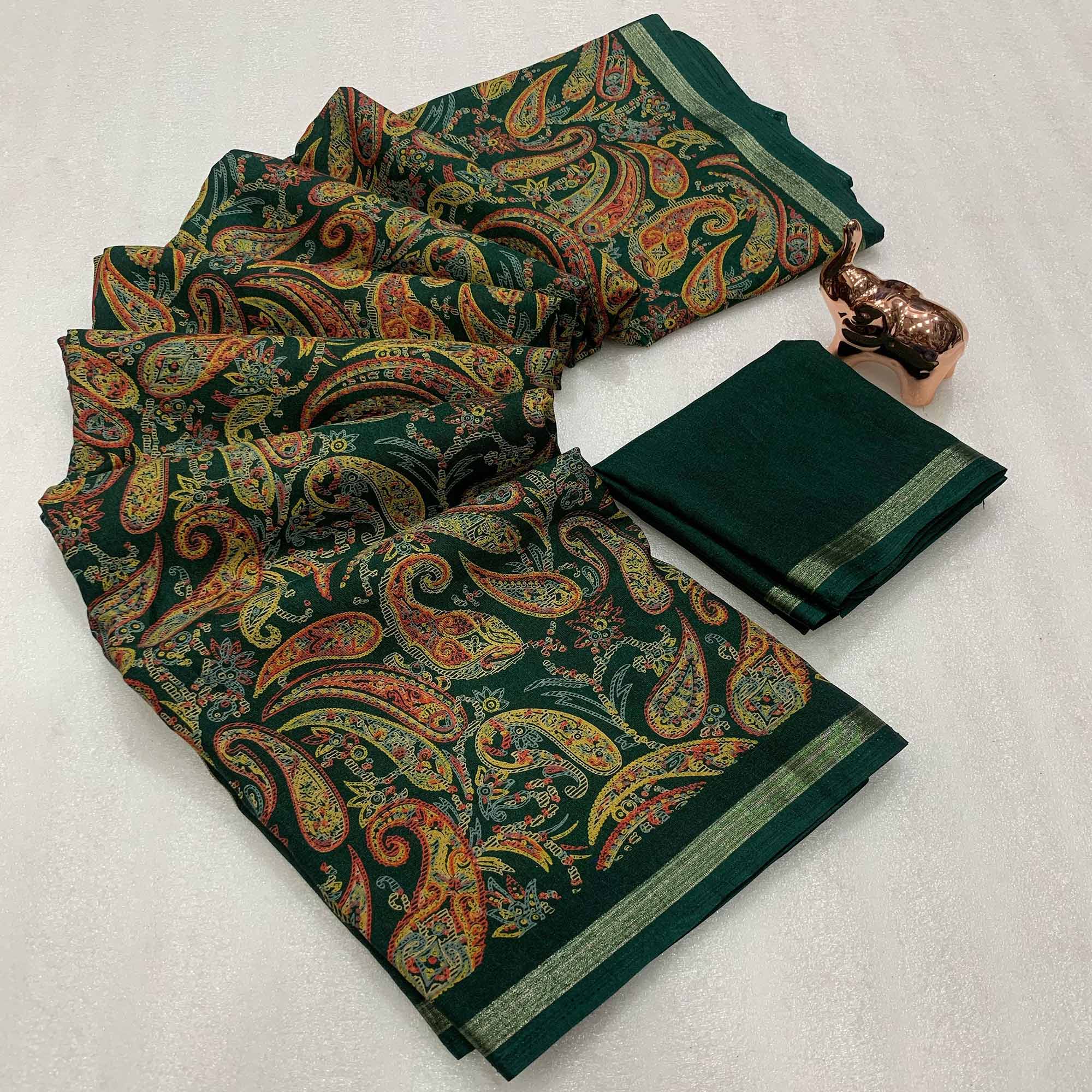 Green Cotton Blend Saree with Ethnic Kashmiri-Inspired Paisley Design