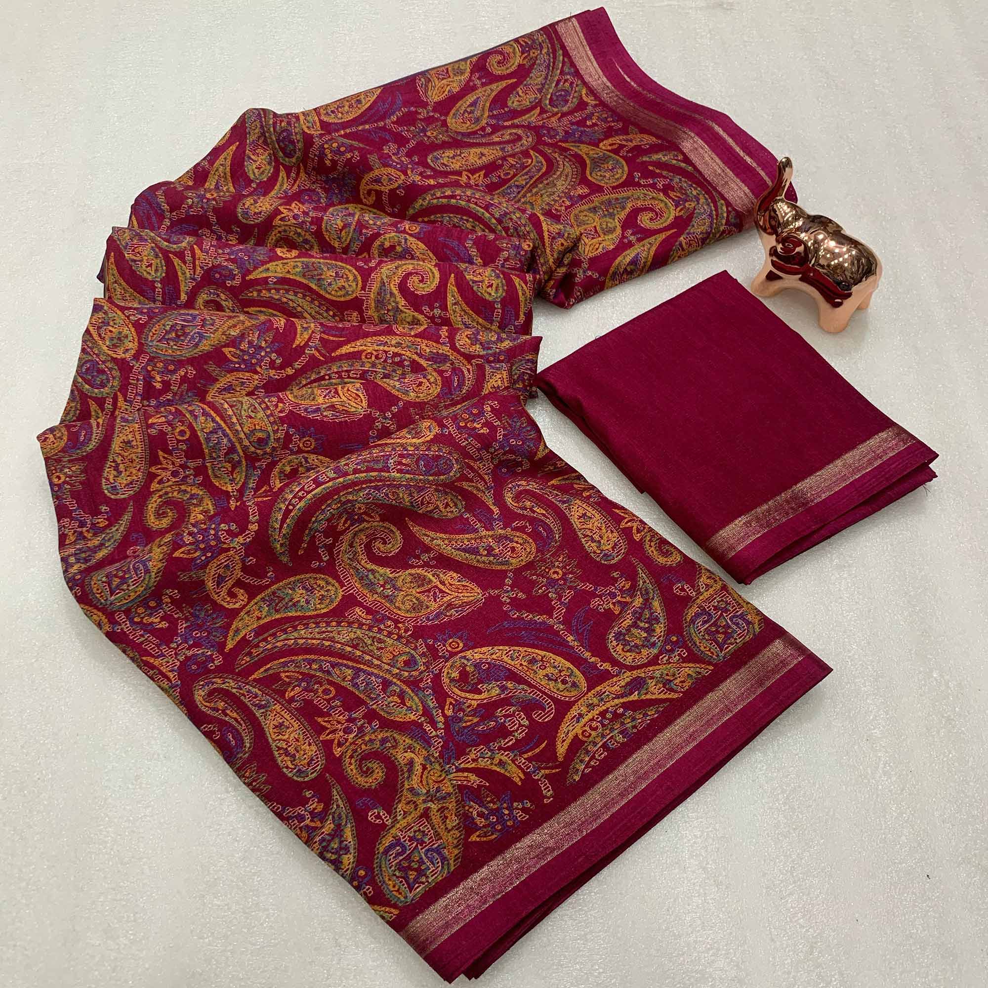 Magenta Cotton Blend Saree with Ethnic Kashmiri-Inspired Paisley Design