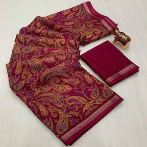 Magenta Cotton Blend Saree with Ethnic Kashmiri-Inspired Paisley Design