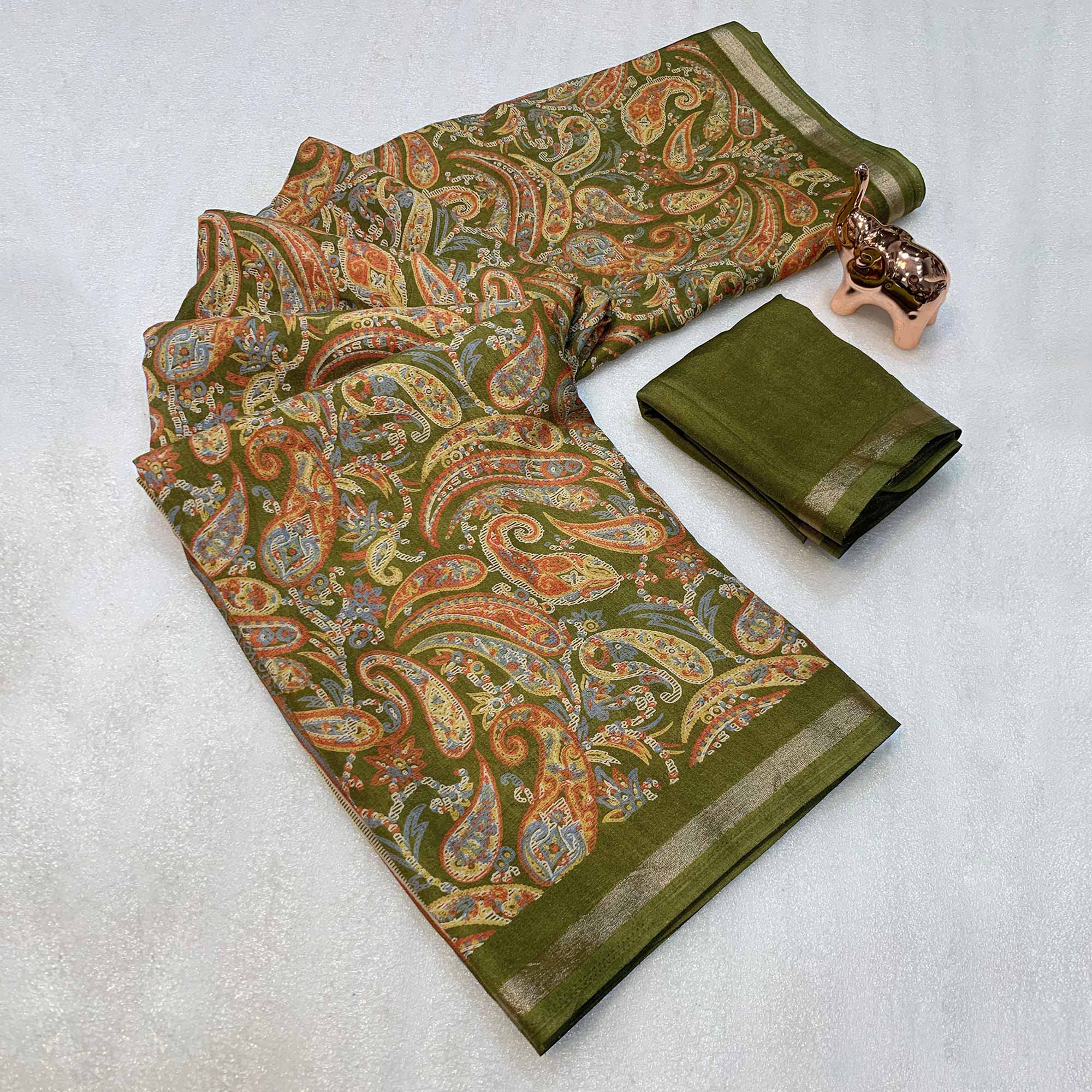Mehendi Green Cotton Blend Saree with Ethnic Kashmiri-Inspired Paisley Design