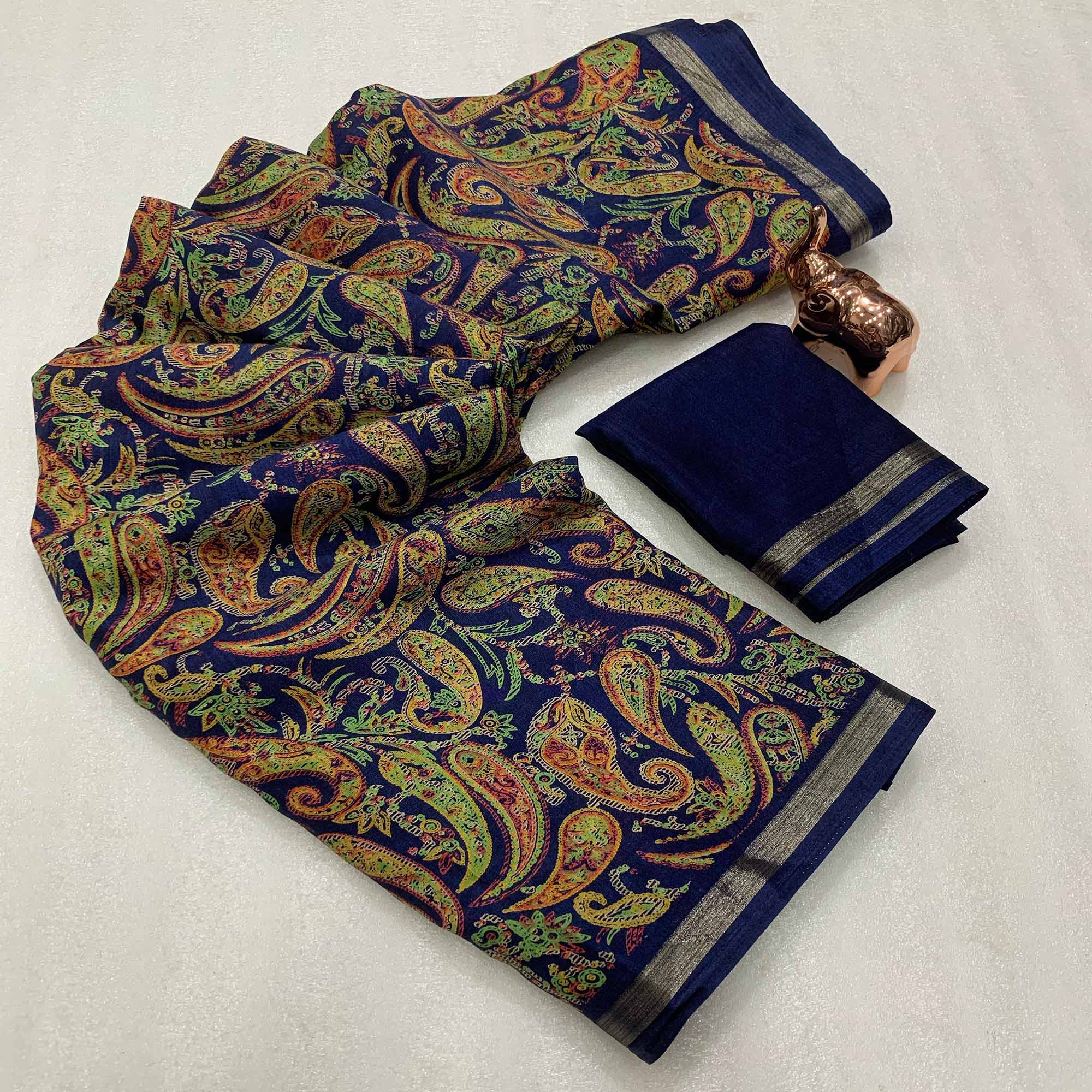 Navy Blue Cotton Blend Saree with Ethnic Kashmiri-Inspired Paisley Design