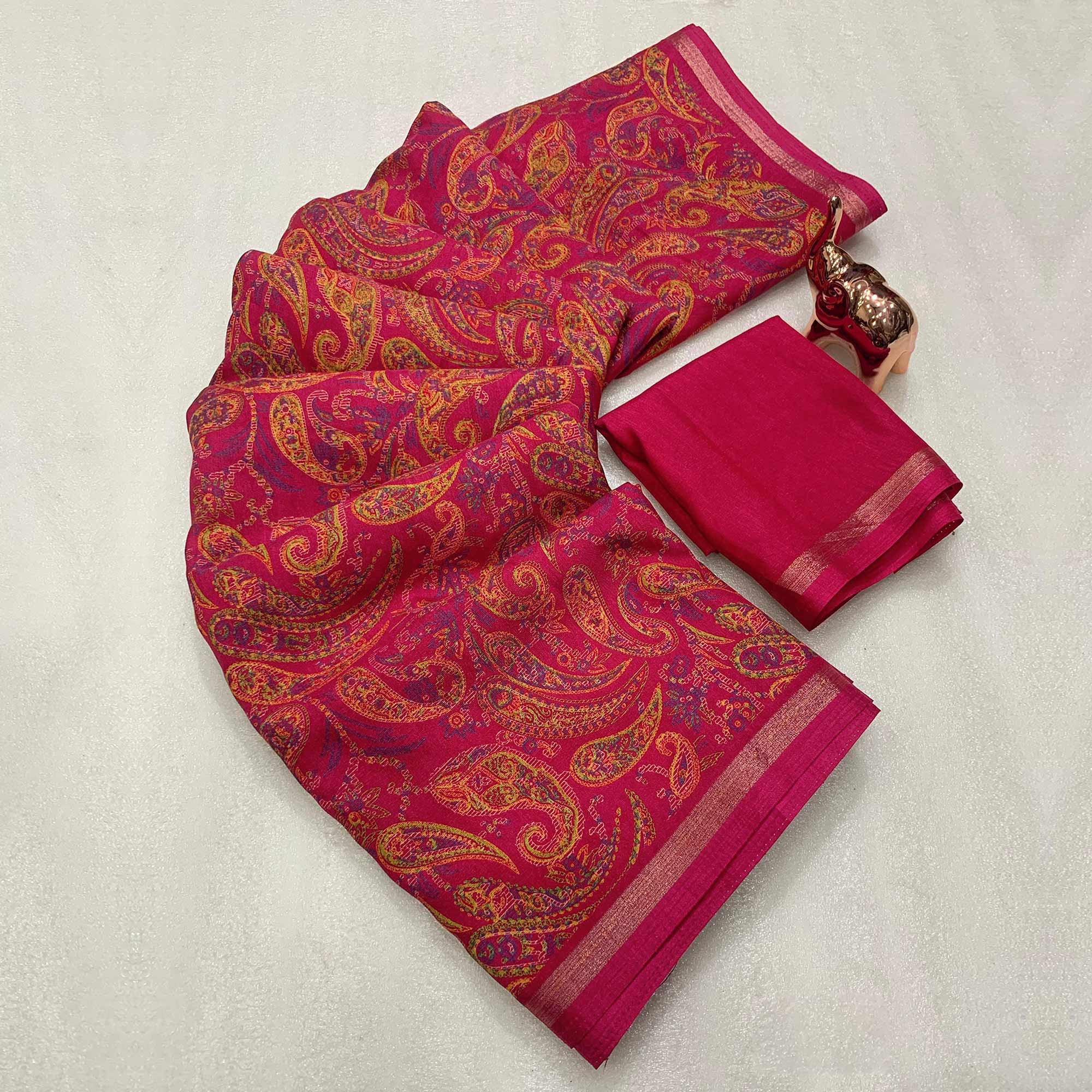 Pink Cotton Blend Saree with Ethnic Kashmiri-Inspired Paisley Design
