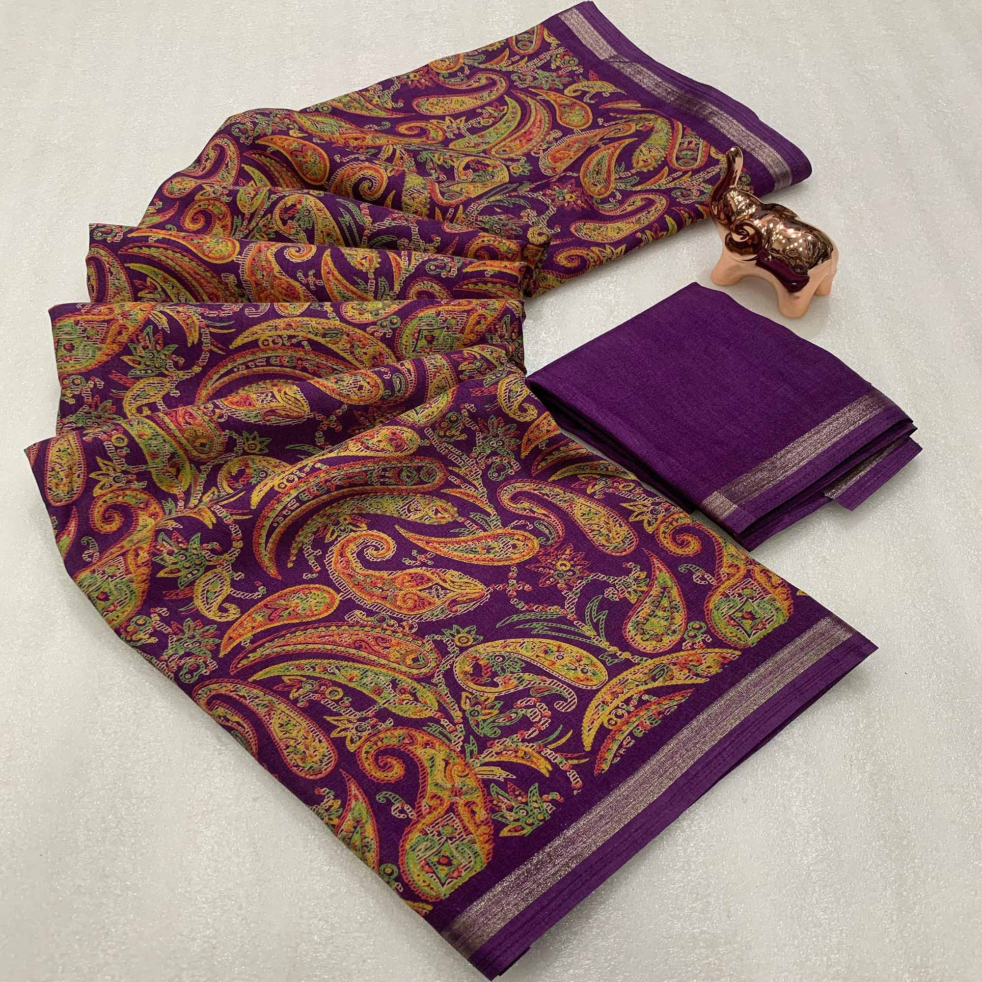 Plum Purple Cotton Blend Saree with Ethnic Kashmiri-Inspired Paisley Design