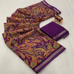 Plum Purple Cotton Blend Saree with Ethnic Kashmiri-Inspired Paisley Design