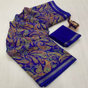 Royal Blue Cotton Blend Saree with Ethnic Kashmiri-Inspired Paisley Design