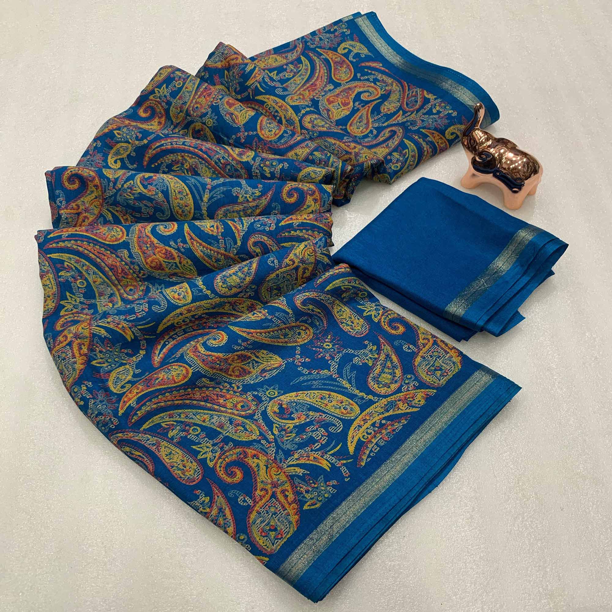 Teal Cotton Blend Saree with Ethnic Kashmiri-Inspired Paisley Design
