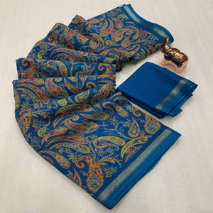 Teal Cotton Blend Saree with Ethnic Kashmiri-Inspired Paisley Design