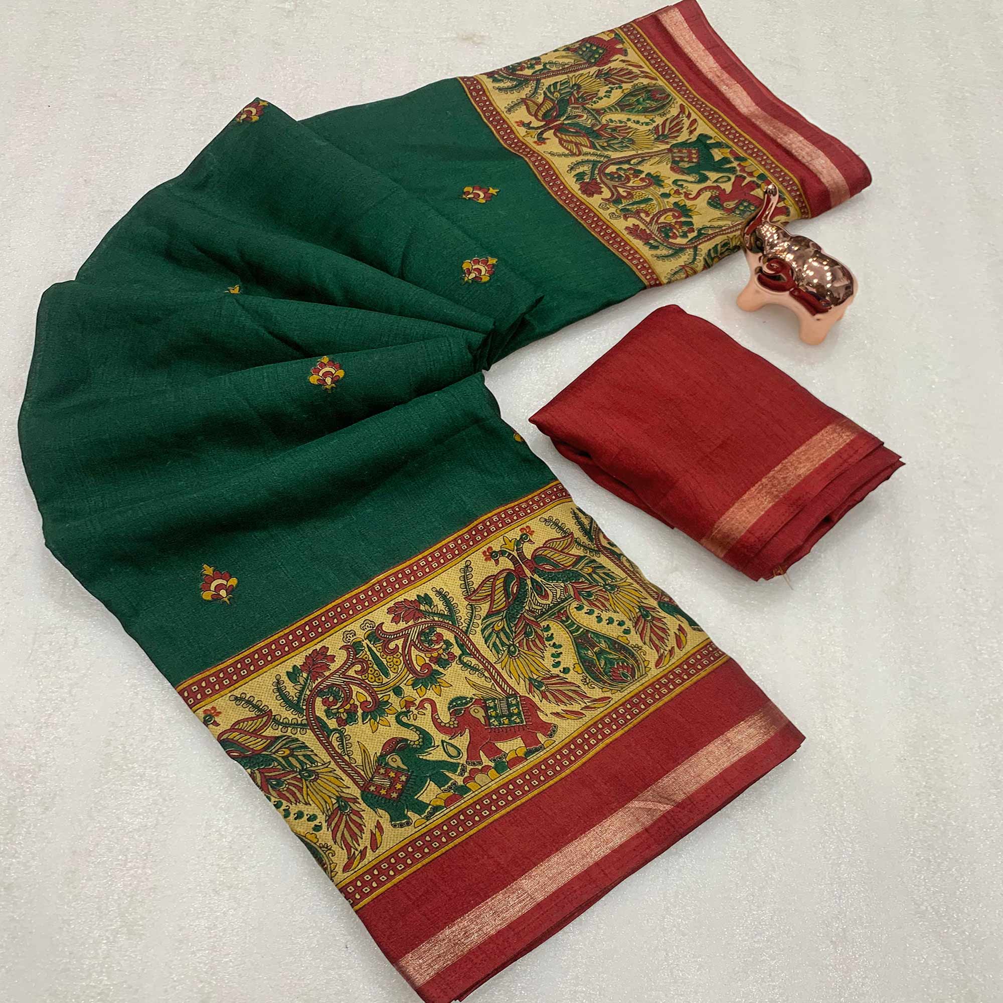 Green Cotton Blend Saree with Ethnic Kashmiri-Inspired Paisley Design