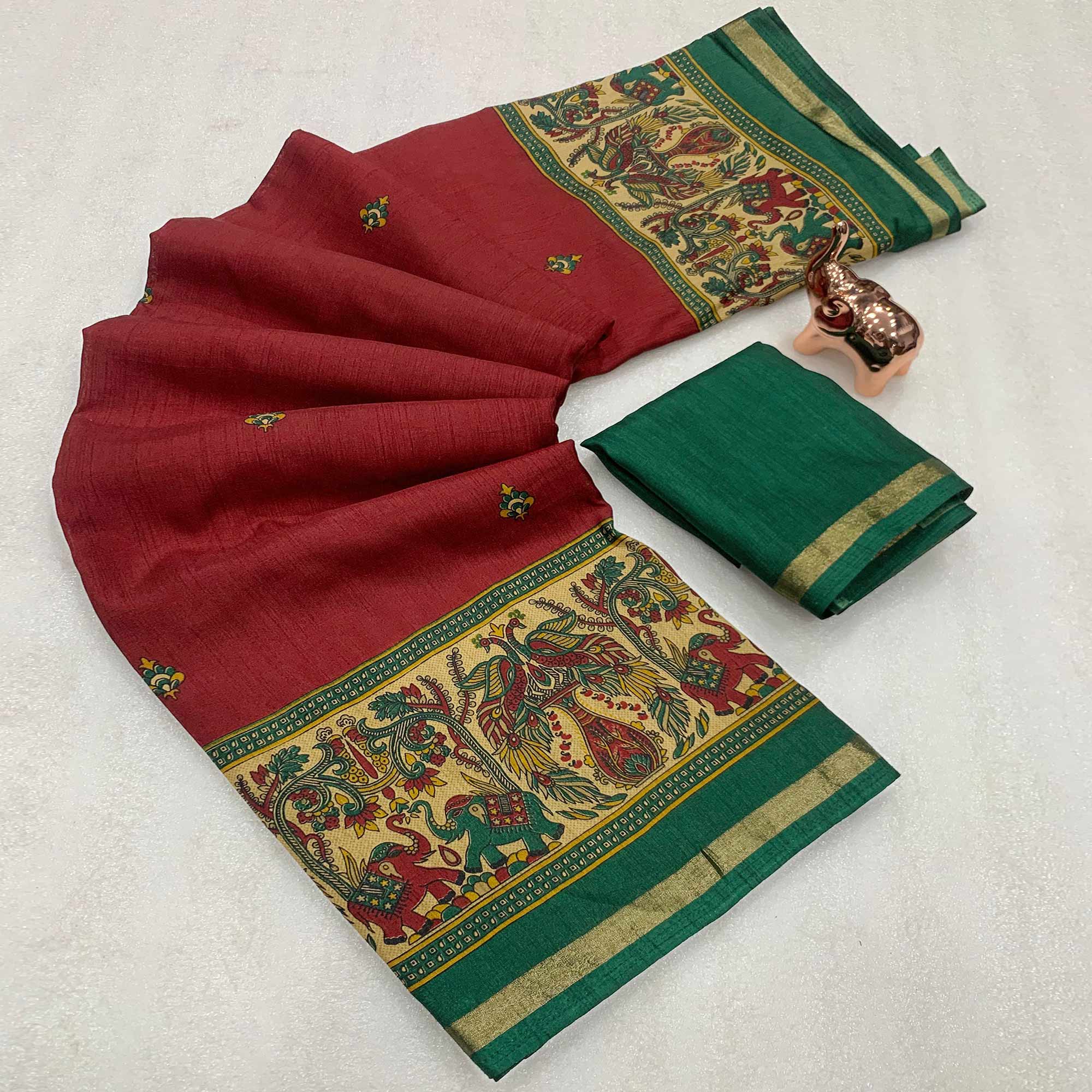 Maroon Cotton Blend Saree with Ethnic Kashmiri-Inspired Paisley Design
