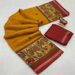 Mustard Cotton Blend Saree with Ethnic Kashmiri-Inspired Paisley Design