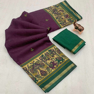 Plum Purple Cotton Blend Saree with Ethnic Kashmiri-Inspired Paisley Design