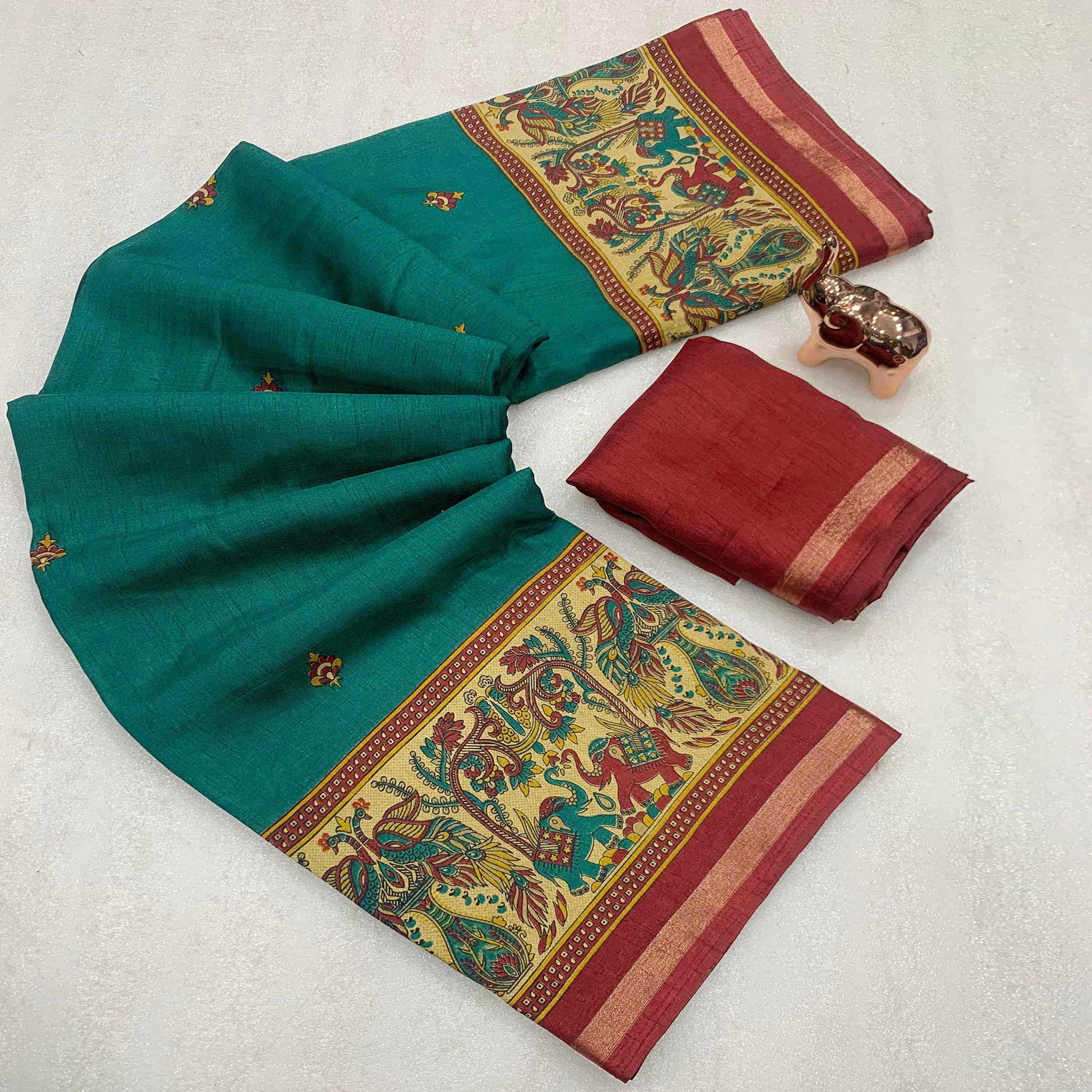 Teal Cotton Blend Saree with Ethnic Kashmiri-Inspired Paisley Design