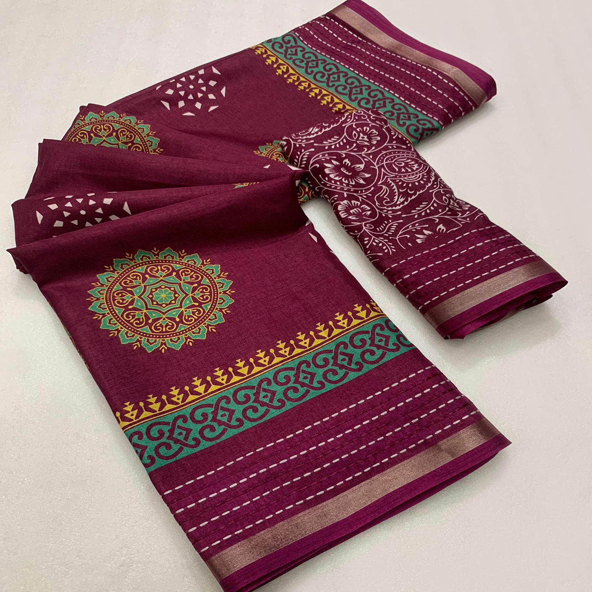 Burgundy Floral Printed Crepe Cotton Saree With Thread Border