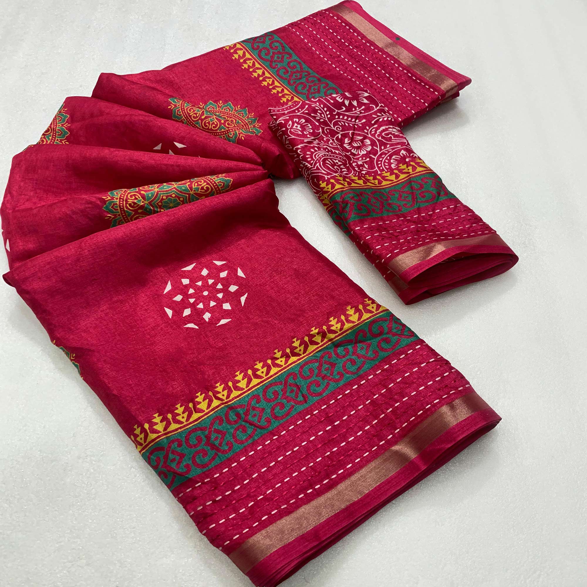 Pink Floral Printed Crepe Cotton Saree With Thread Border