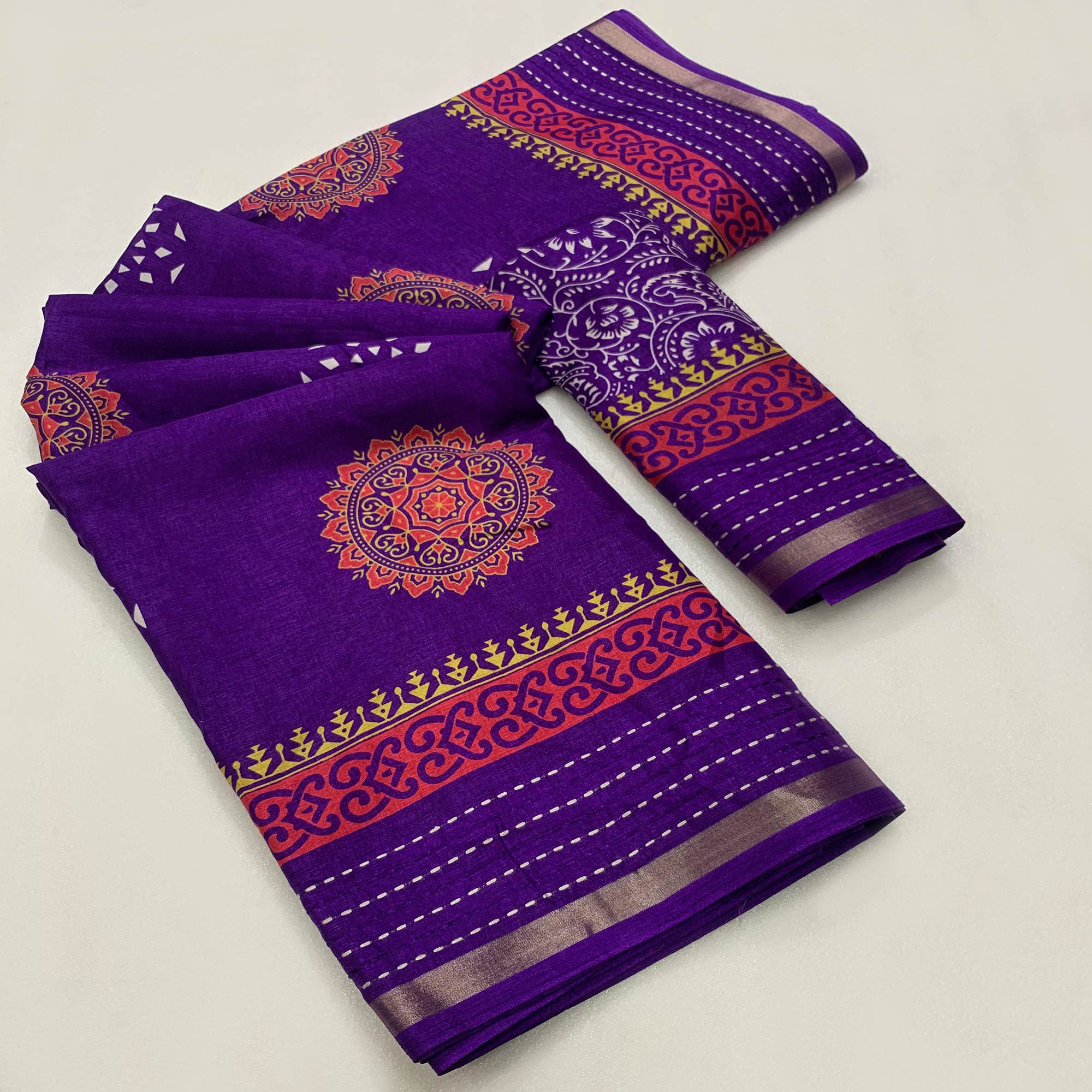 Purple Floral Printed Crepe Cotton Saree With Thread Border