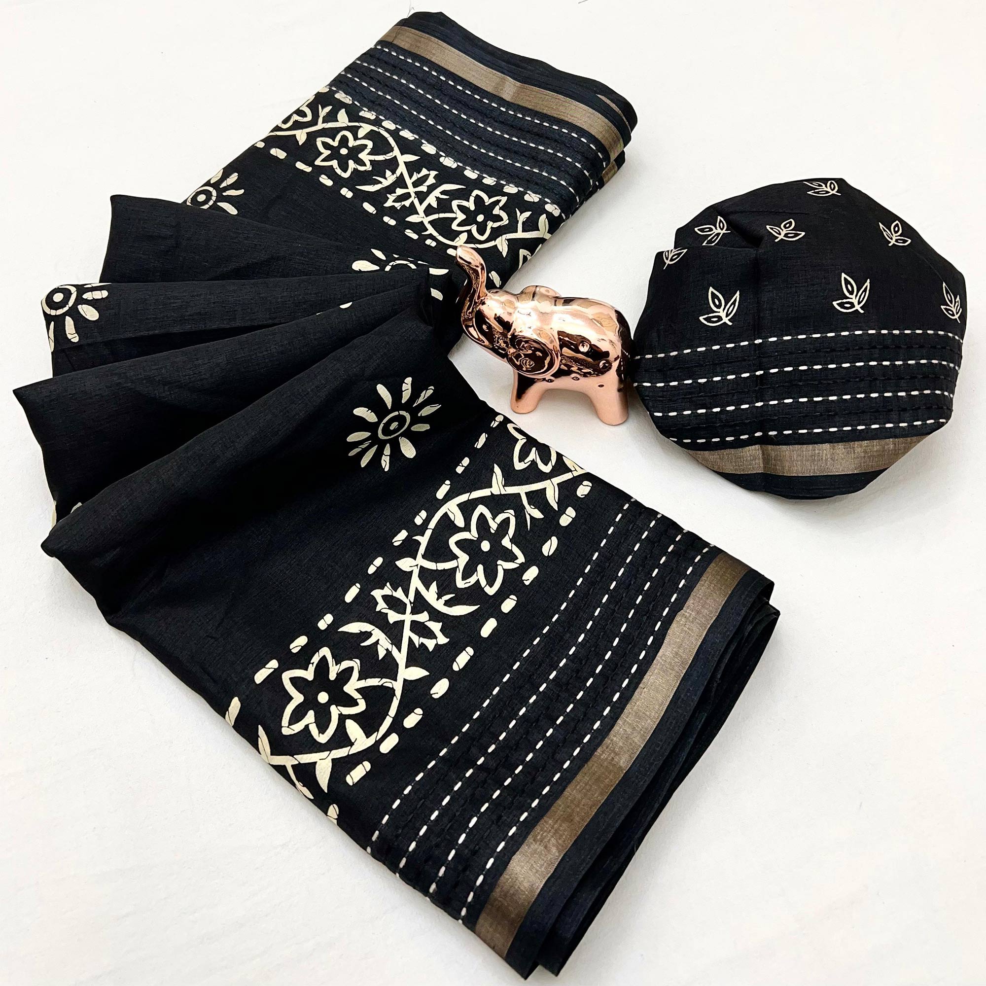 Black Floral Printed Cotton Crepe Saree With Katha & Zari Border