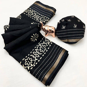 Black Floral Printed Cotton Crepe Saree With Katha & Zari Border