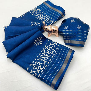 Blue Floral Printed Cotton Crepe Saree With Katha & Zari Border