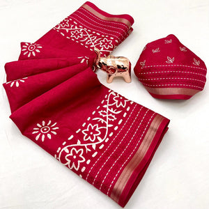 Red Floral Printed Cotton Crepe Saree With Katha & Zari Border
