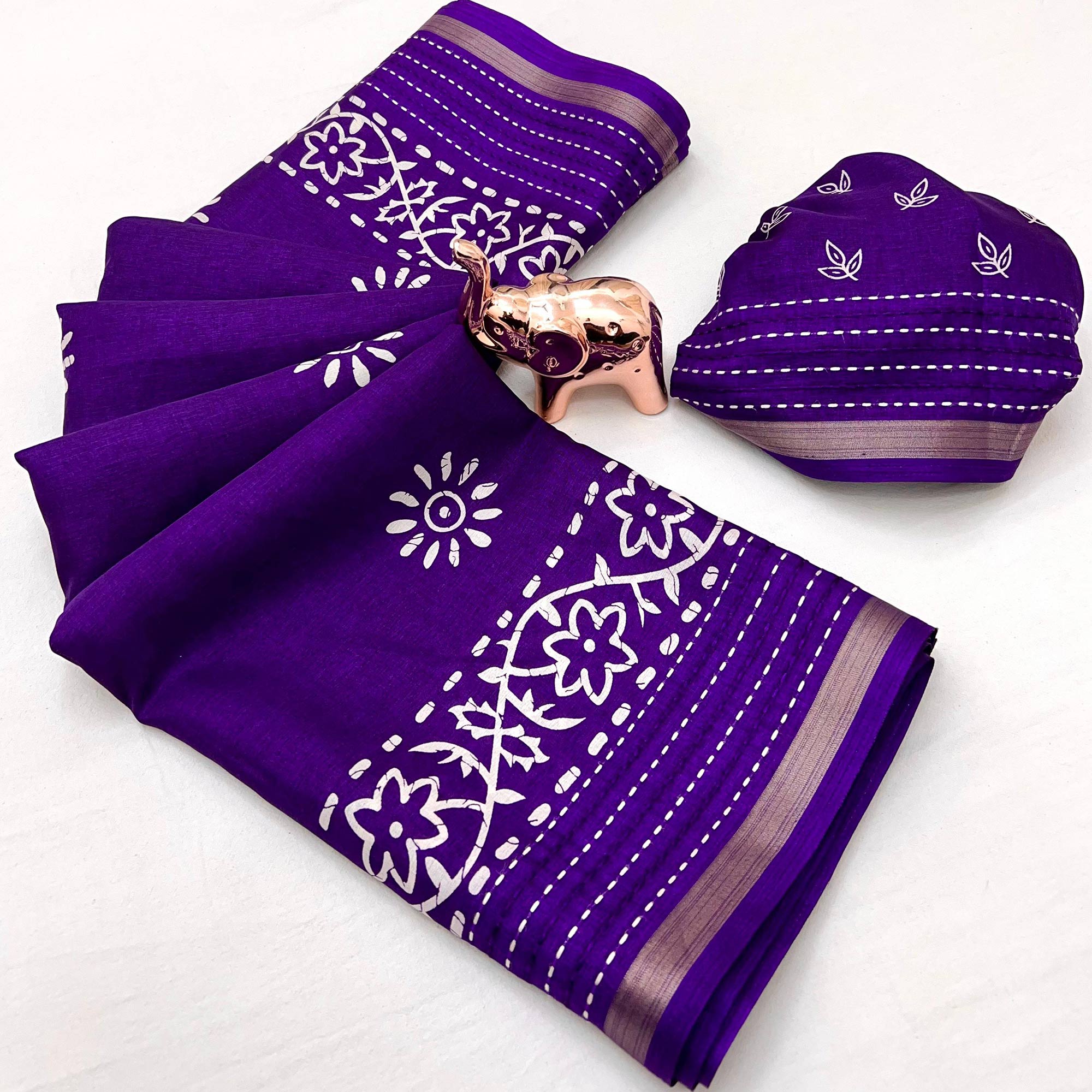 Violet Floral Printed Cotton Crepe Saree With Katha & Zari Border