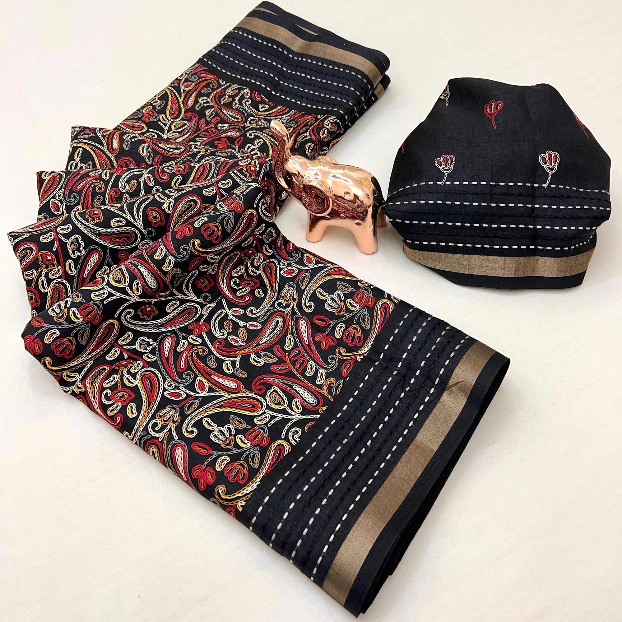 Black Floral Print Saree In Crepe Cotton Adorned With Kantha Embroidery
