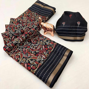 Black Floral Print Saree In Crepe Cotton Adorned With Kantha Embroidery